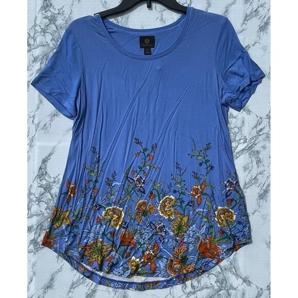 JM Collection Size Small Blue Floral Print Rayon Knit Top Short Sleeve Stretch - Picture 1 of 8